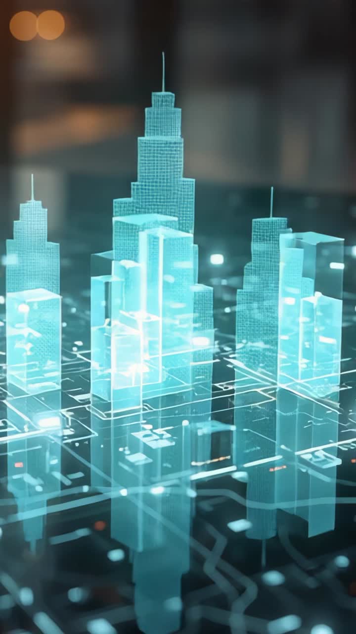 Video verticale: griglia che appare in un laboratorio tecnologico, città olografica che cresce con prismi per la revisione del design
