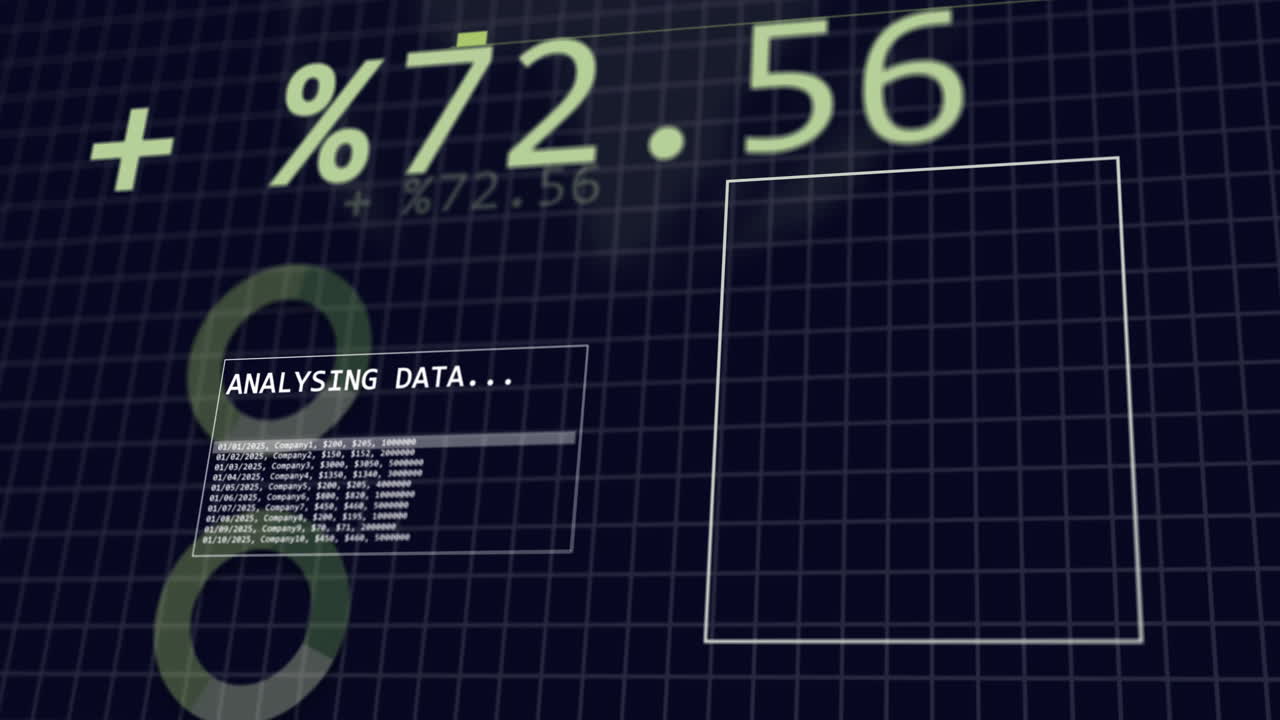 Animation of financial data processing over dark background