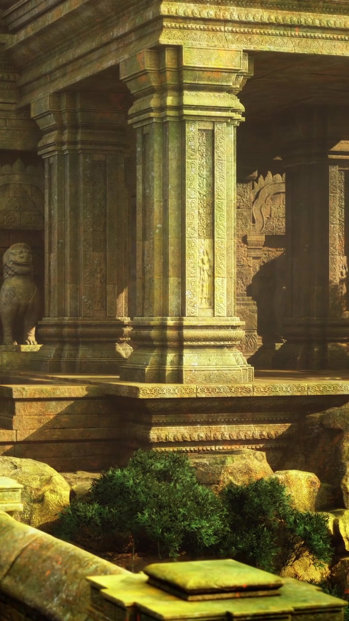 Rovine di antichi templi bagnate dalla luce dorata del sole che rivelano intagli intricati.
