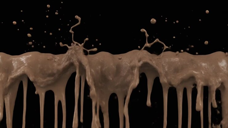 Cioccolato liquido denso che cola su sfondo nero