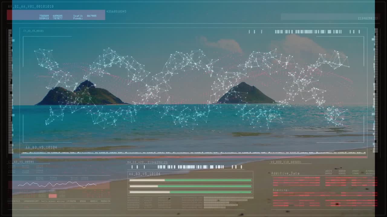 Overlay HUD che appare lentamente sopra le isole, avviando la scansione di una rete di particelle e mostrando il flusso di dati reali.