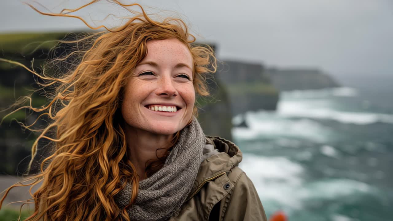 Close-up of a happy young woman with curly red hair in a jacket and scarf, standing near rugged sea cliffs with waves and spray in the background