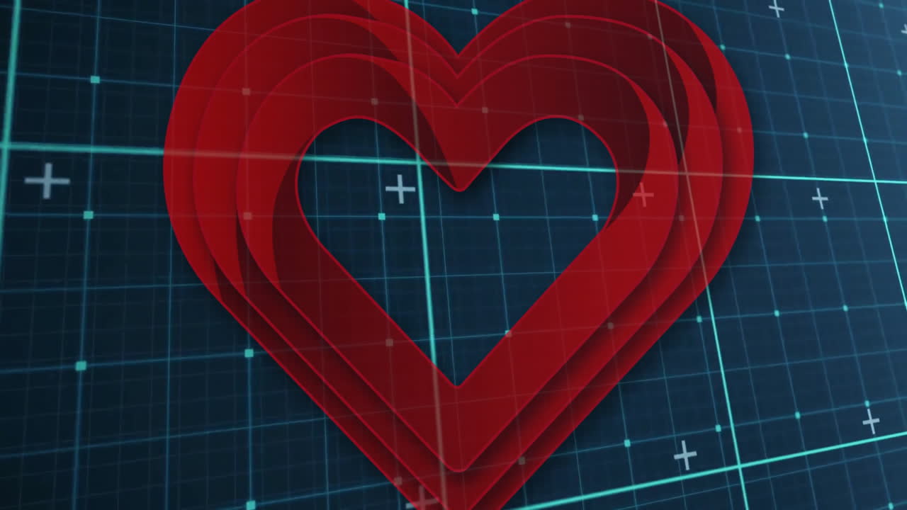Animation of red heart layers glowing over digital grid with lines and dots