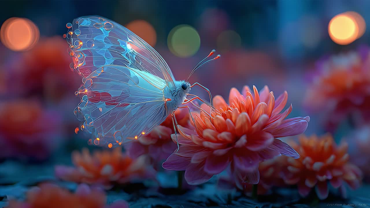 Una delicata farfalla che si posa su fiori vivaci: uno splendido incontro catturato in un'ambientazione onirica di luce soffusa e colori intensi.
