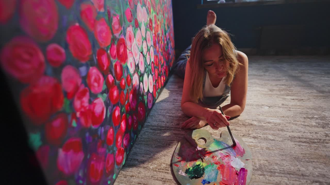Artista femenina acostada en el suelo mezclando pinturas en la paleta