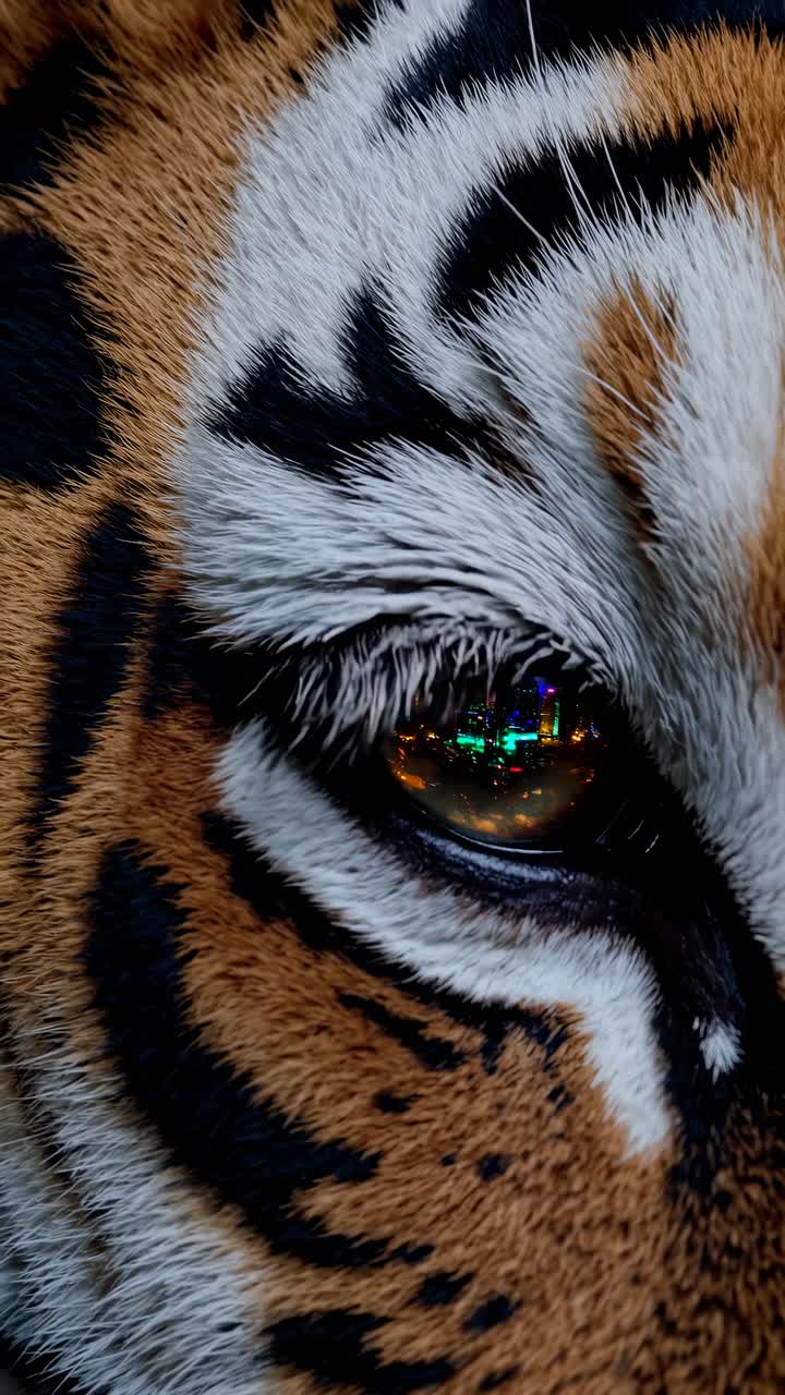 Close-up of a tiger's eye reflecting a vibrant cityscape. The unique angle creates a surreal blend