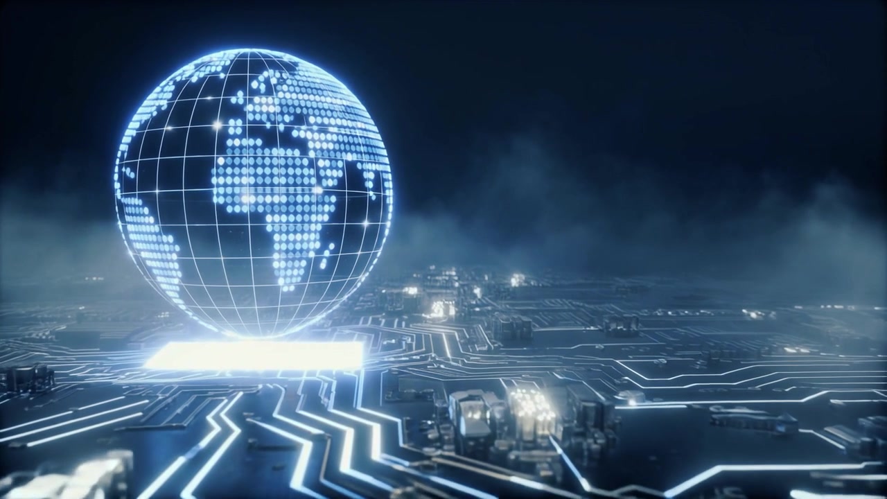 Glowing Digital Globe Rotating Above Futuristic Circuit Board