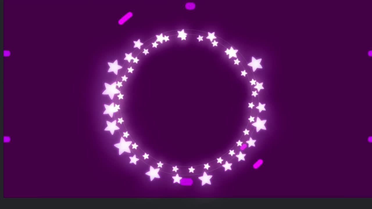 animación de un círculo de estrellas rosadas brillantes, luces de hadas de navidad y líneas y círculos rosados, en negro