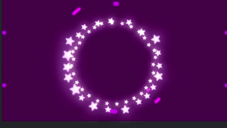 Animación-De-Un-Círculo-De-Brillantes-Luces-Navideñas-De-Estrellas-Rosadas-Y-Líneas-Y-Círculos-Rosados,-En-Negro