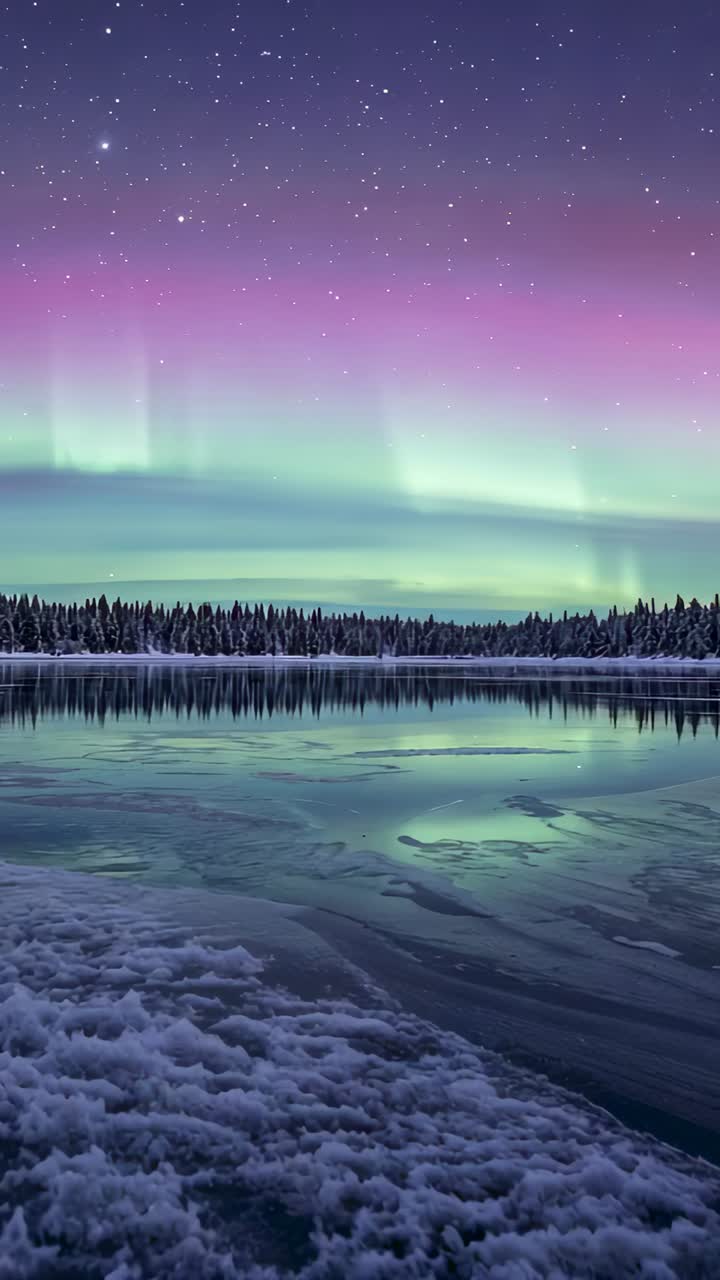 Vertical video: Tilting camera to reveal broken ice and aurora reflections on frozen lake at night