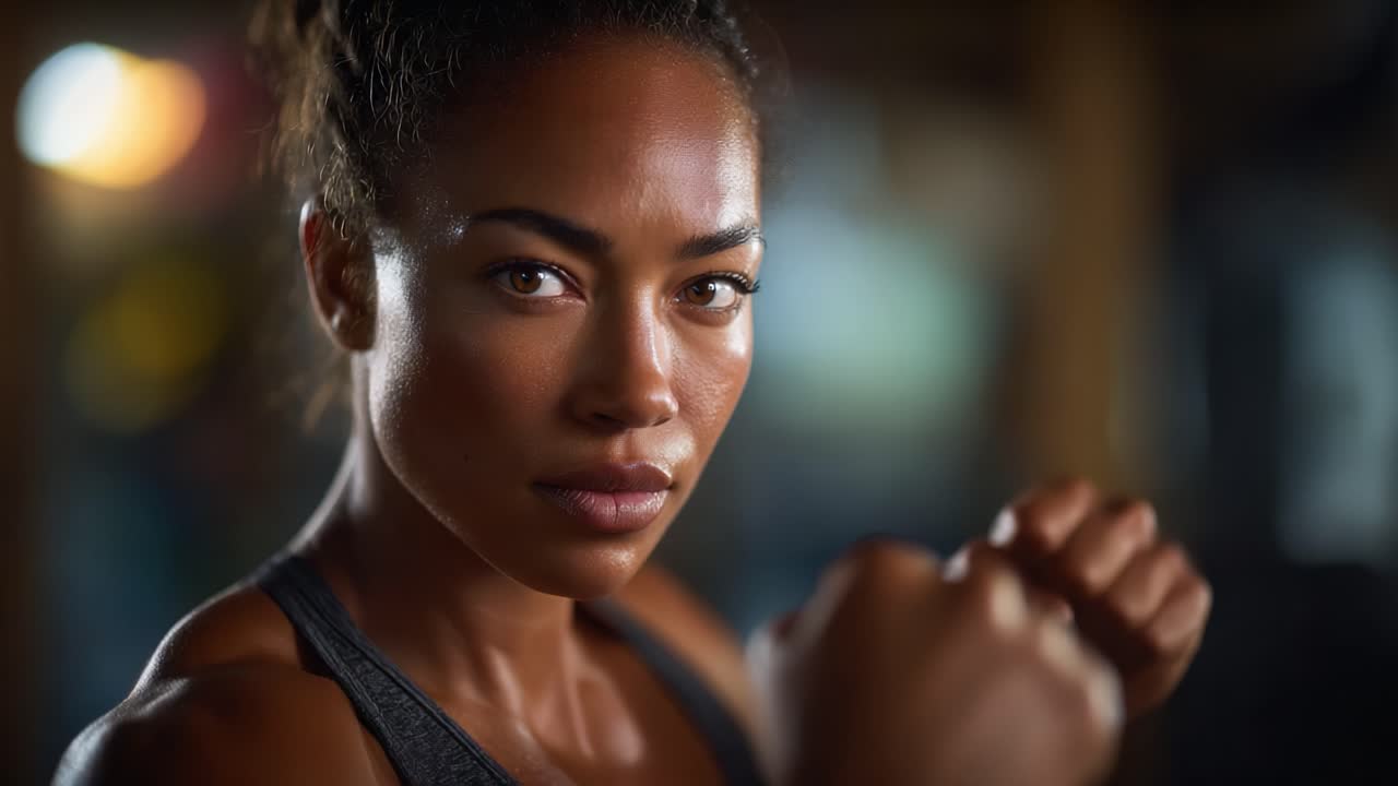 Determined female fighter showcasing strength and focus in a dynamic martial arts training session with intense expression and powerful stance for ultimate impact