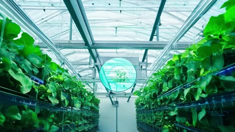 modern greenhouse with plants growing under artificial lights