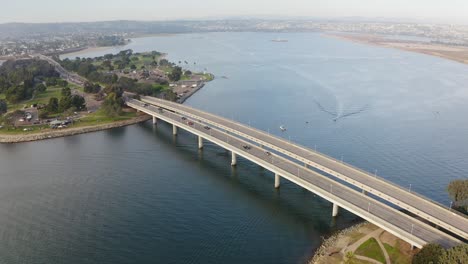 drone view of mission bay bridge in san diego, california