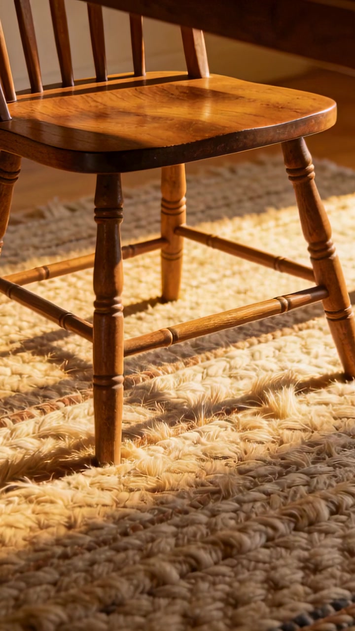 Vertical video: Shifting sunlight bathing wooden dining chair in home moving light band across rug