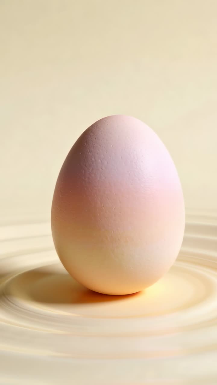 Pooling liquid pulsing, forming ripples around upright egg on beige backdrop for product ad