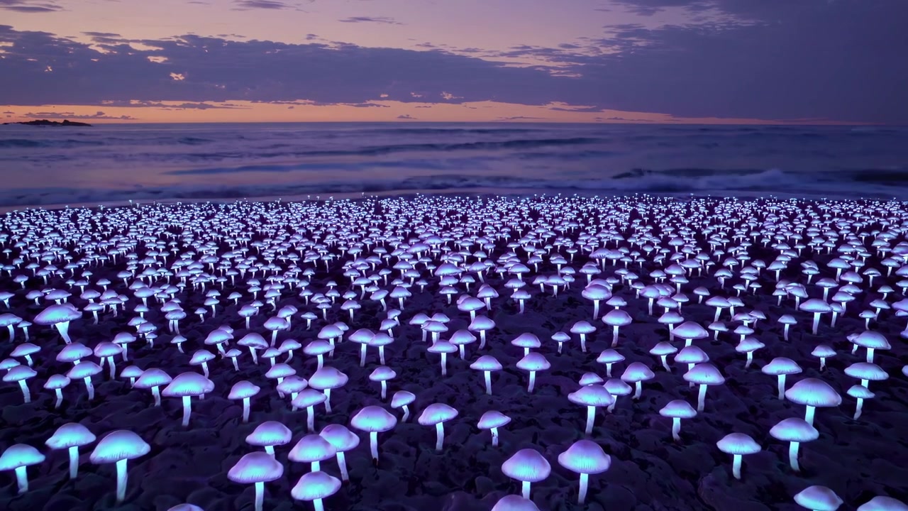 Surreal Field of Glowing Mushrooms on a Beach at Twilight