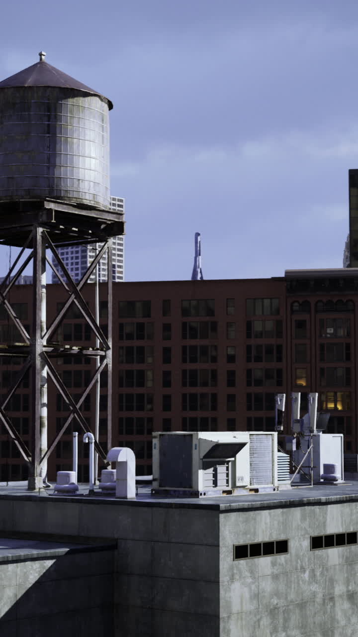 Histórica torre de agua sobre los tejados urbanos al anochecer