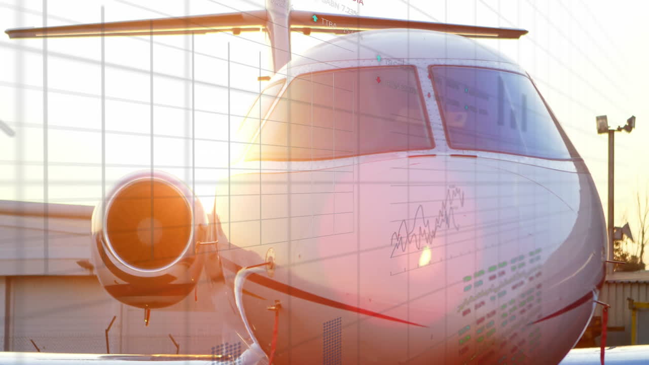 Processing financial data animation overlay on airplane at airport runway