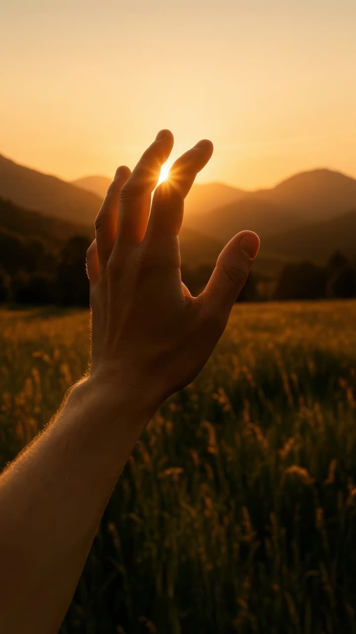 A hand reaching towards a sunset over mountains, captured from a low angle