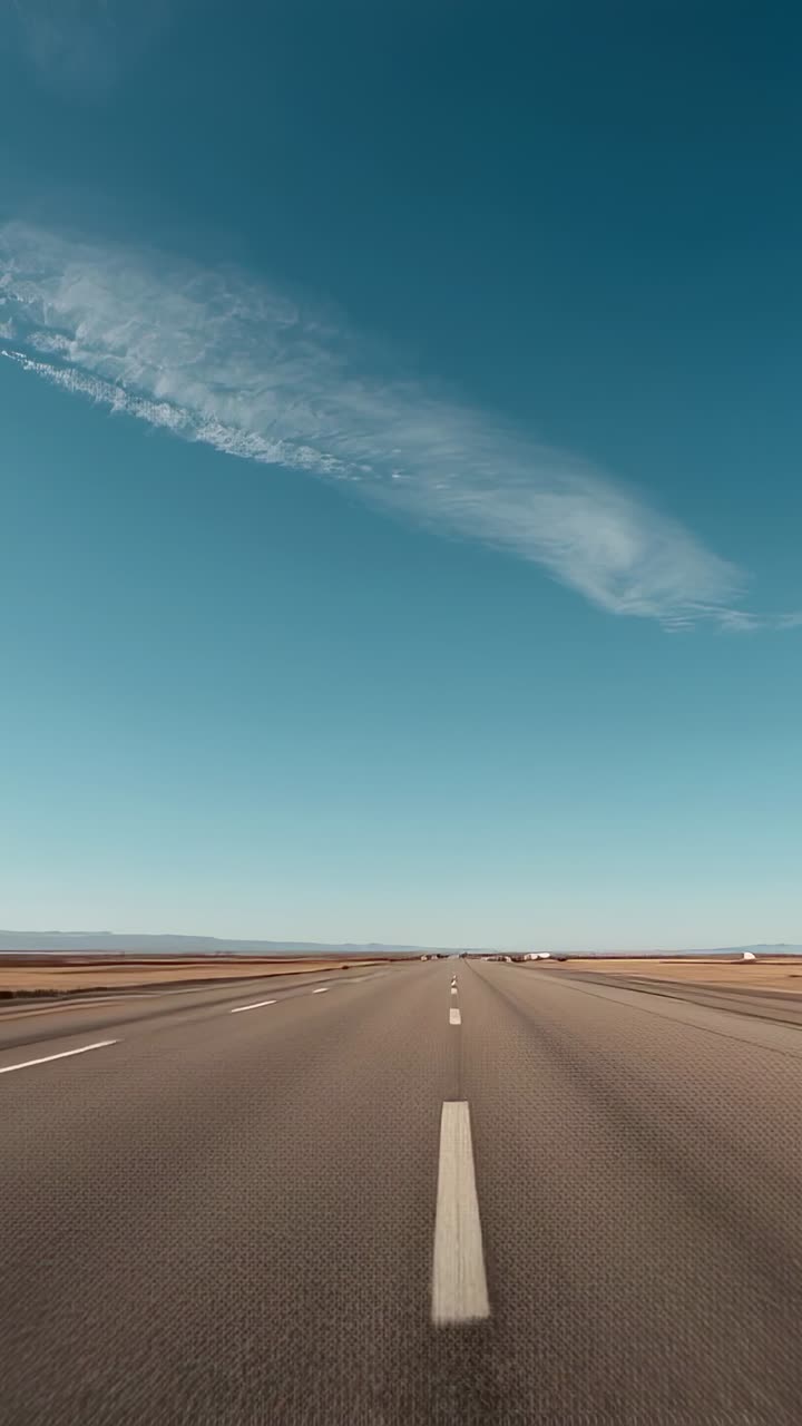 Vertical video: Rolling camera filming road moving to horizon at low angle showing white centerline