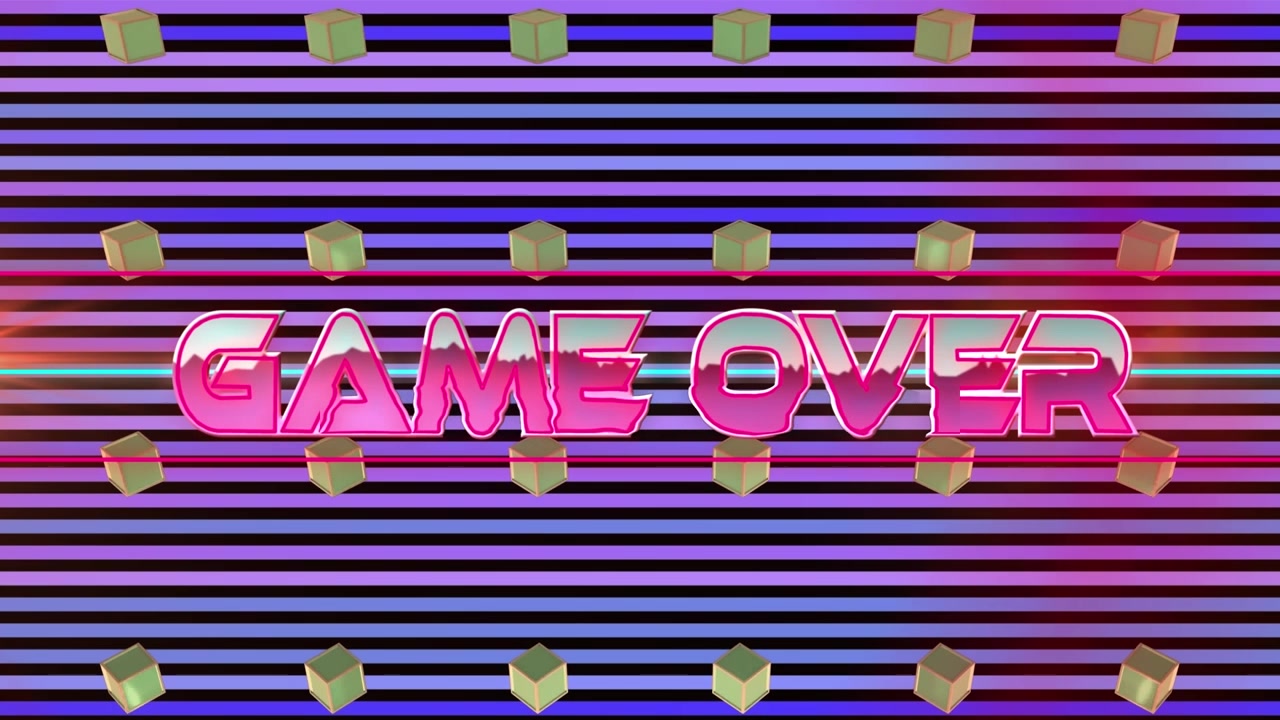 Animazione del testo "game over" con luce illuminata in movimento e scatole che ruotano su strisce.
