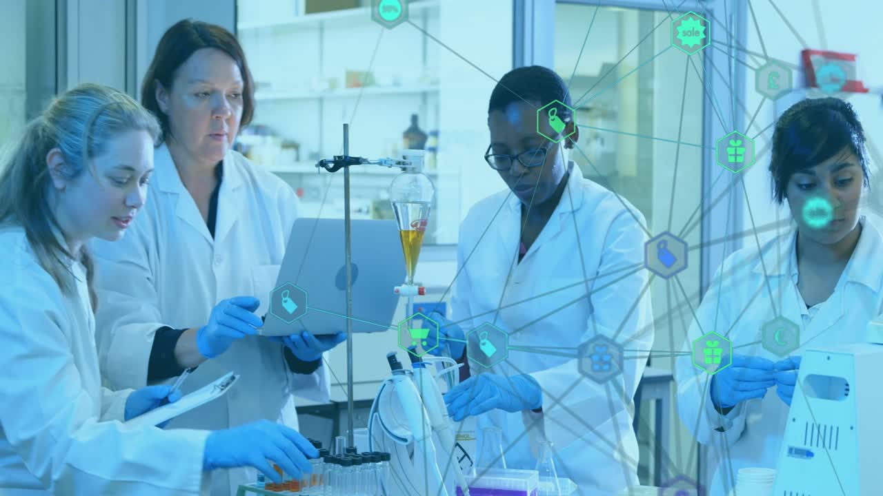 Senior lead starting protocol check with laptop, lab team pipetting vials for analysis with overlay