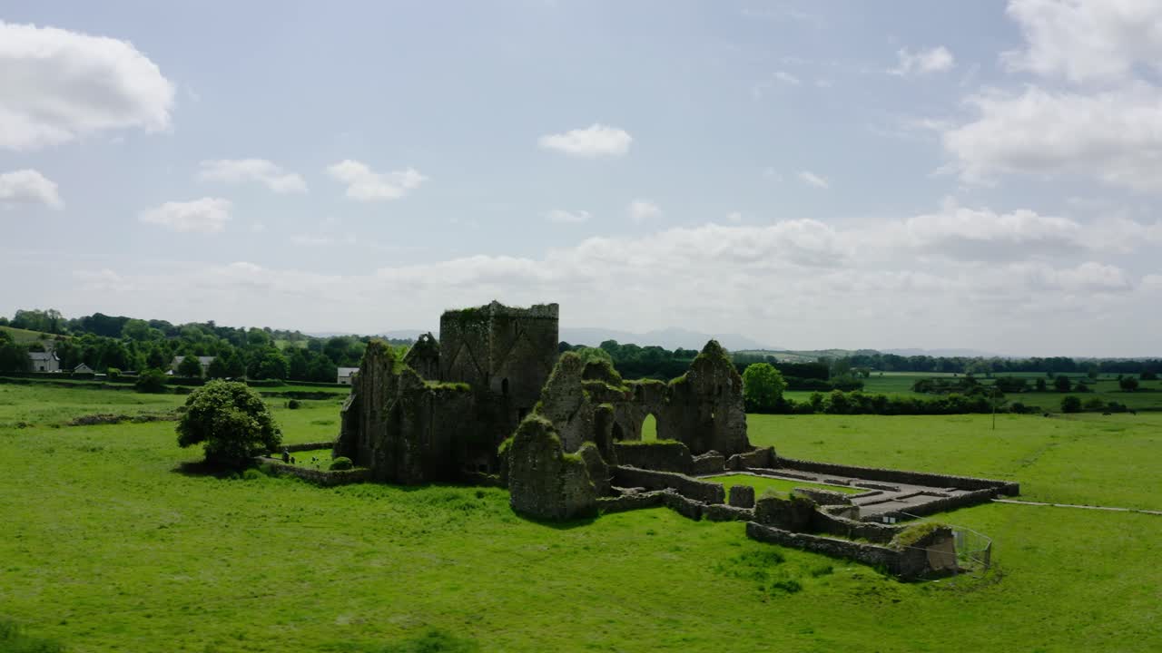 Orbiting drone shot of an abandoned castle in Europe.