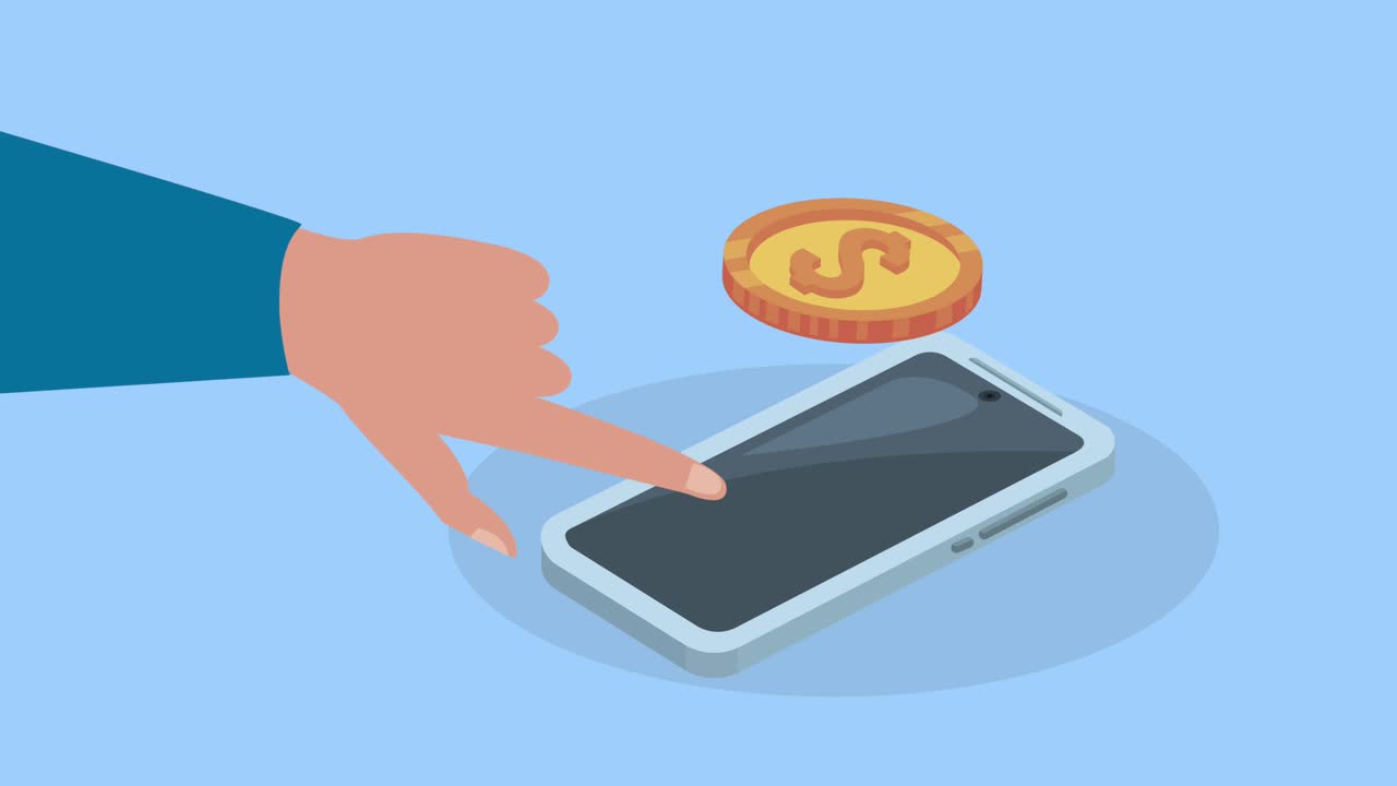 animación del dispositivo de teléfono inteligente con toque de mano y moneda