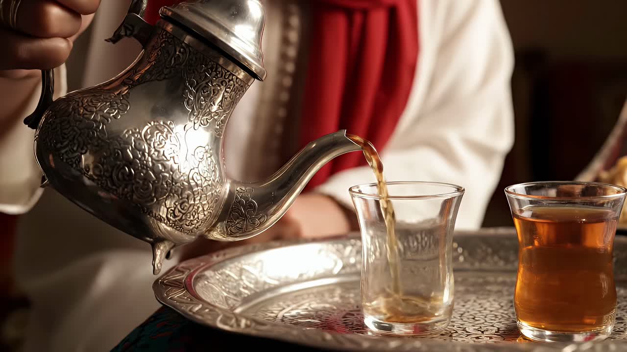 Serving Traditional Moroccan Mint Tea from a Silver Teapot