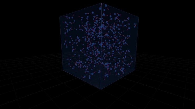 Particelle blu e rosse si muovono casualmente all'interno di un cubo di vetro rotante su sfondo nero