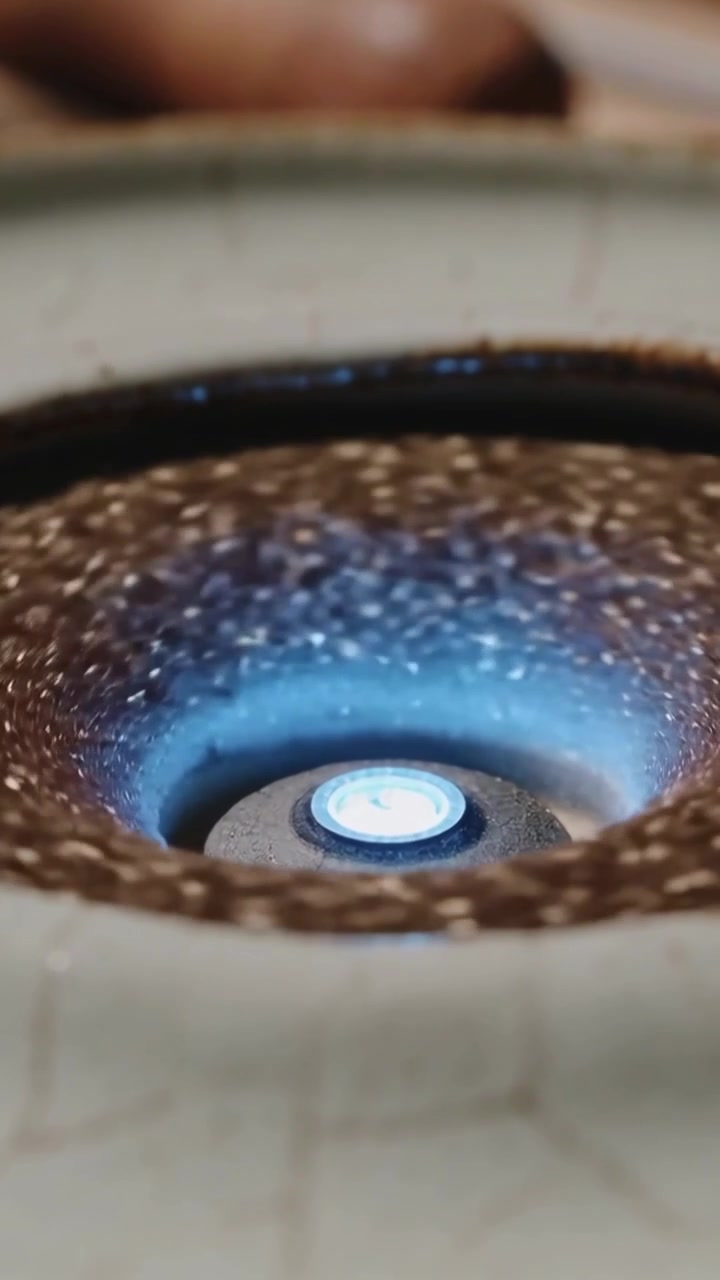 Vertical video: Igniting burner, flame heating bowl on tabletop, causing dark granules bubbling