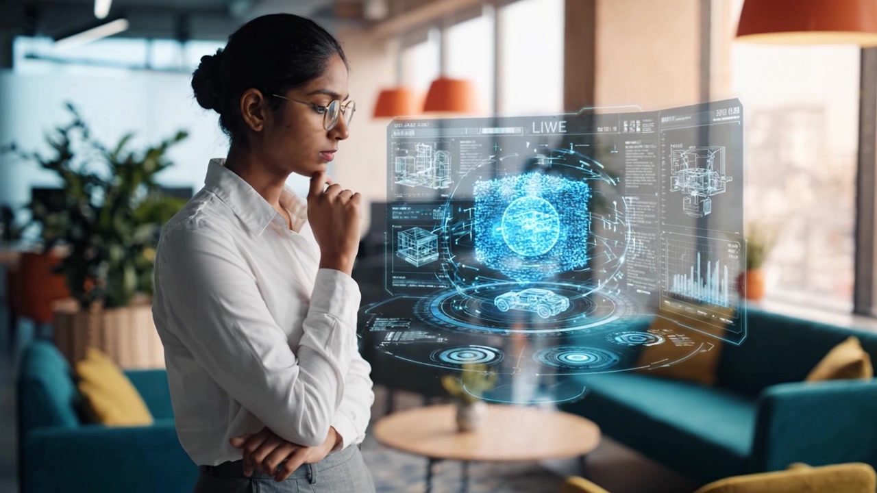 Focused Professional Engaging with Advanced Digital Holographic Interface in Modern Office Setting, Analyzing Data and Insights for Enhanced Decision-Making Process