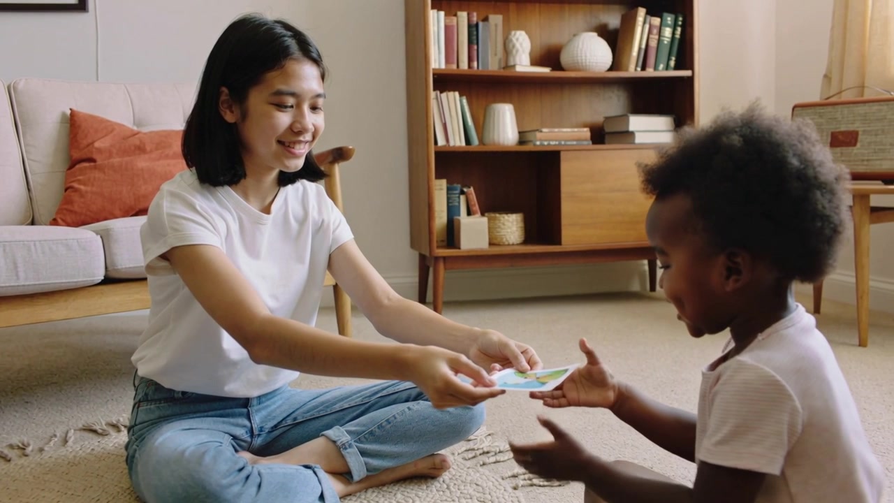 Noticing toddler, teen offering cards to play in living room, wearing white T-shirt rolled jeans
