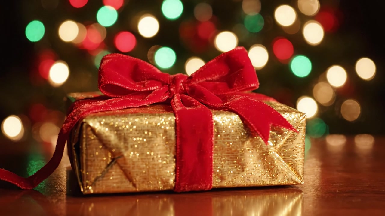 Una scatola regalo dorata splendidamente incartata con un fiocco rosso, su uno sfondo sfocato di luci natalizie scintillanti, che evoca allegria e attesa per le feste