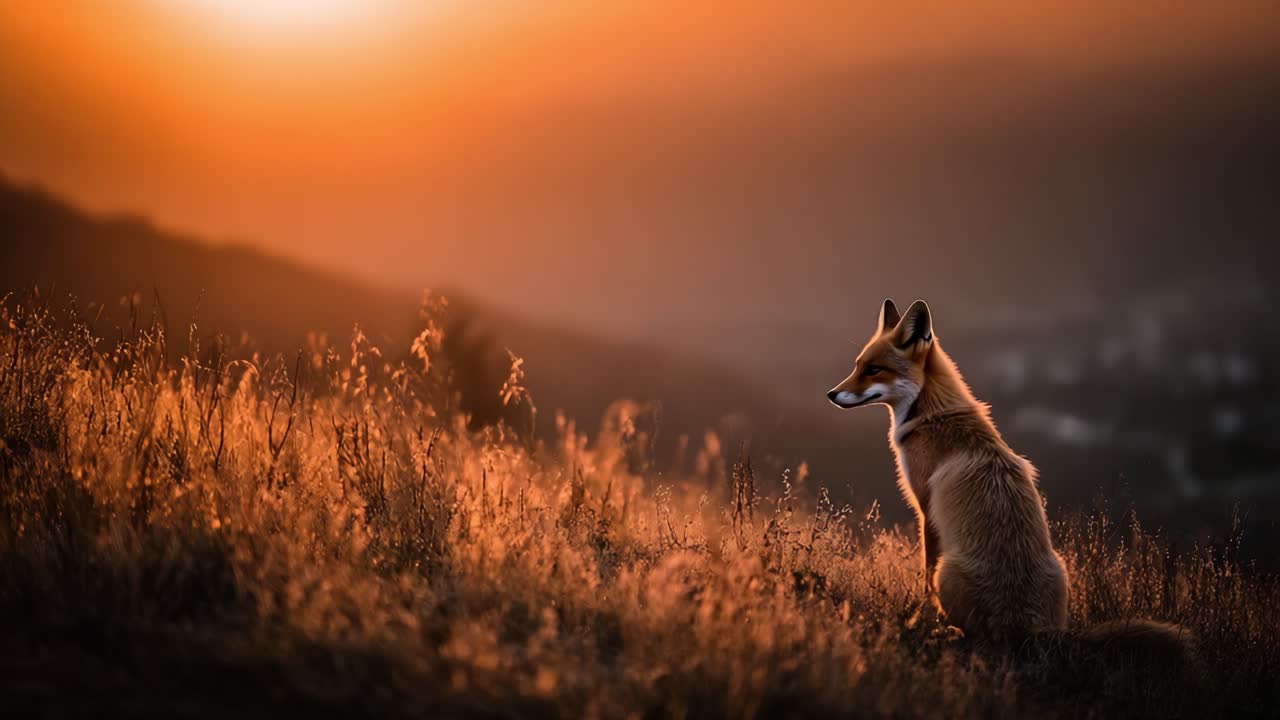 A Solitary Dog Enjoys a Breathtaking Sunset Over a Serene Landscape, Capturing the Beauty of Nature and the Tranquility of Early Evening Hours