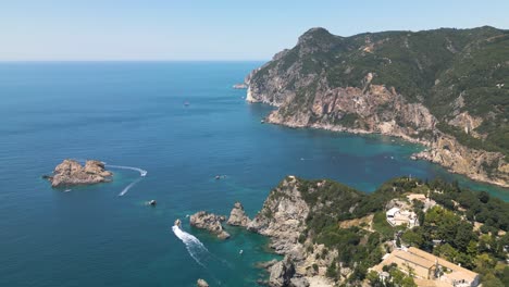 aerial pullback reveals beautiful monastery of paleokastritsa