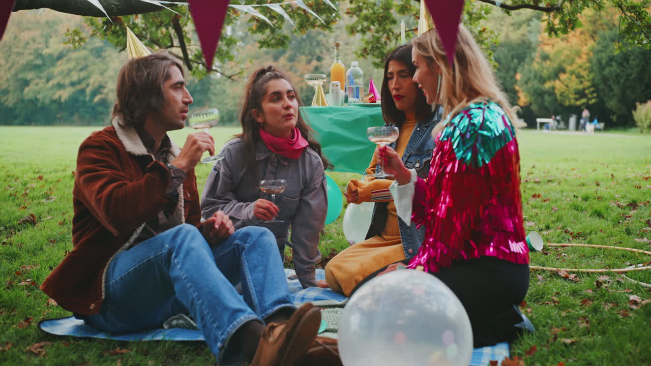 Friends Having a Picnic Party in a Park