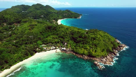 drone shot of 2 beaches in the south west coast of the island, seychelles the intendance and takamaka beach reveal shot