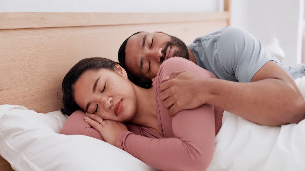 Happy couple, bed and sleeping in morning