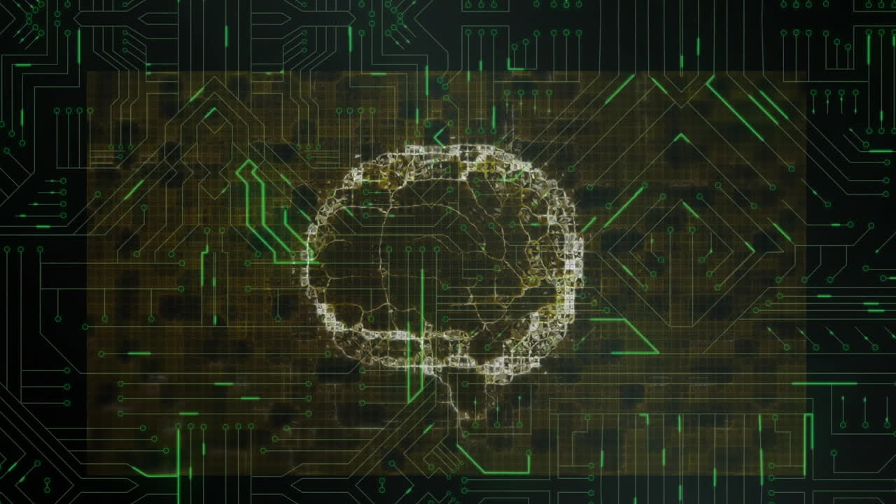 Animation of human brain and data processing on circuit board