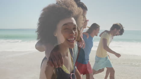 friends walking along sandy beach shore showing animated sun icon and wave chart for travel ads