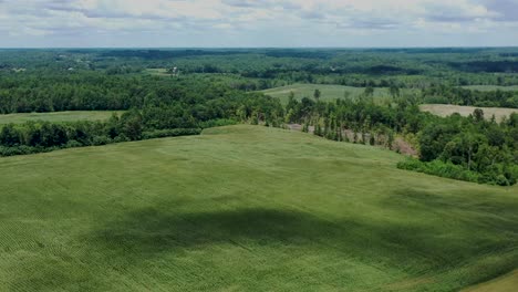 drone flyover of farmland and cornfields with vibrant cloudy skies in the background