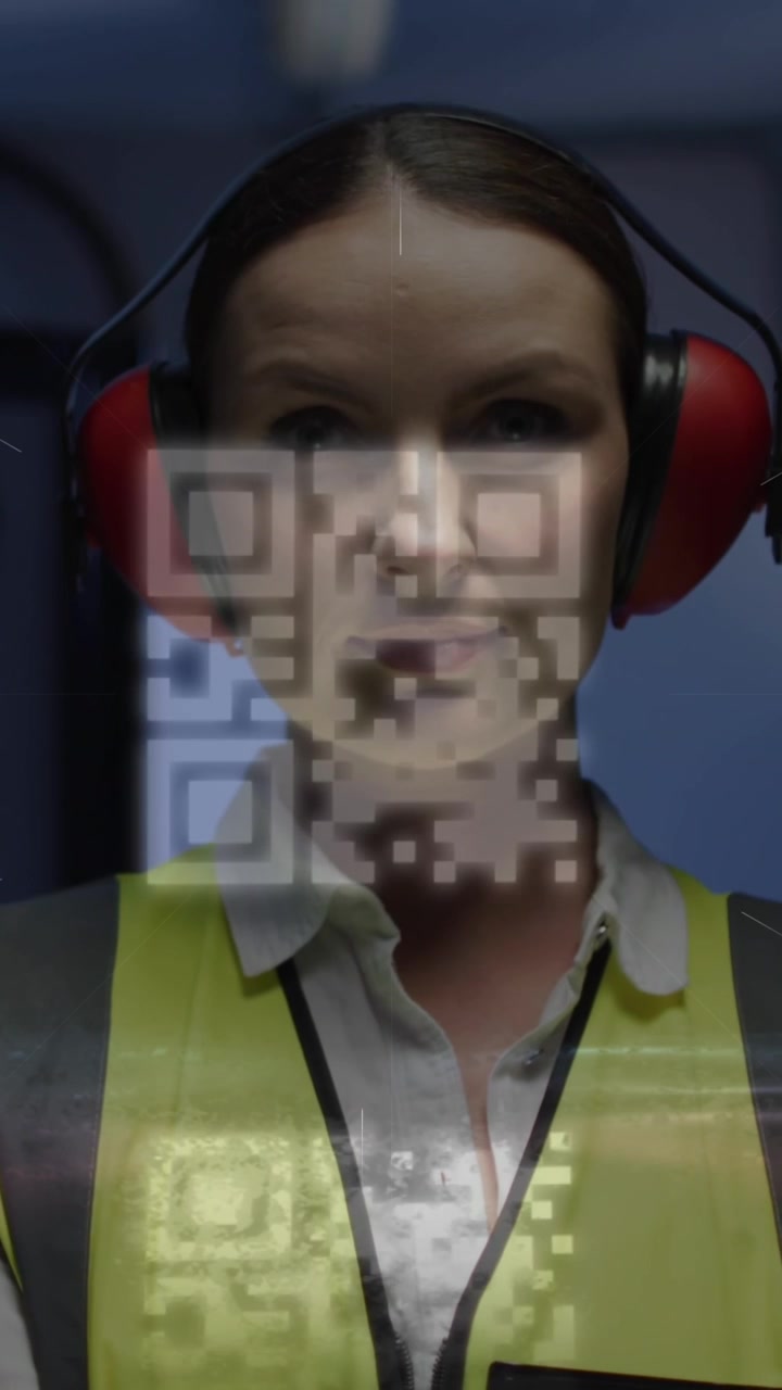 Animation of digital data processing and qr code over caucasian female server room worker