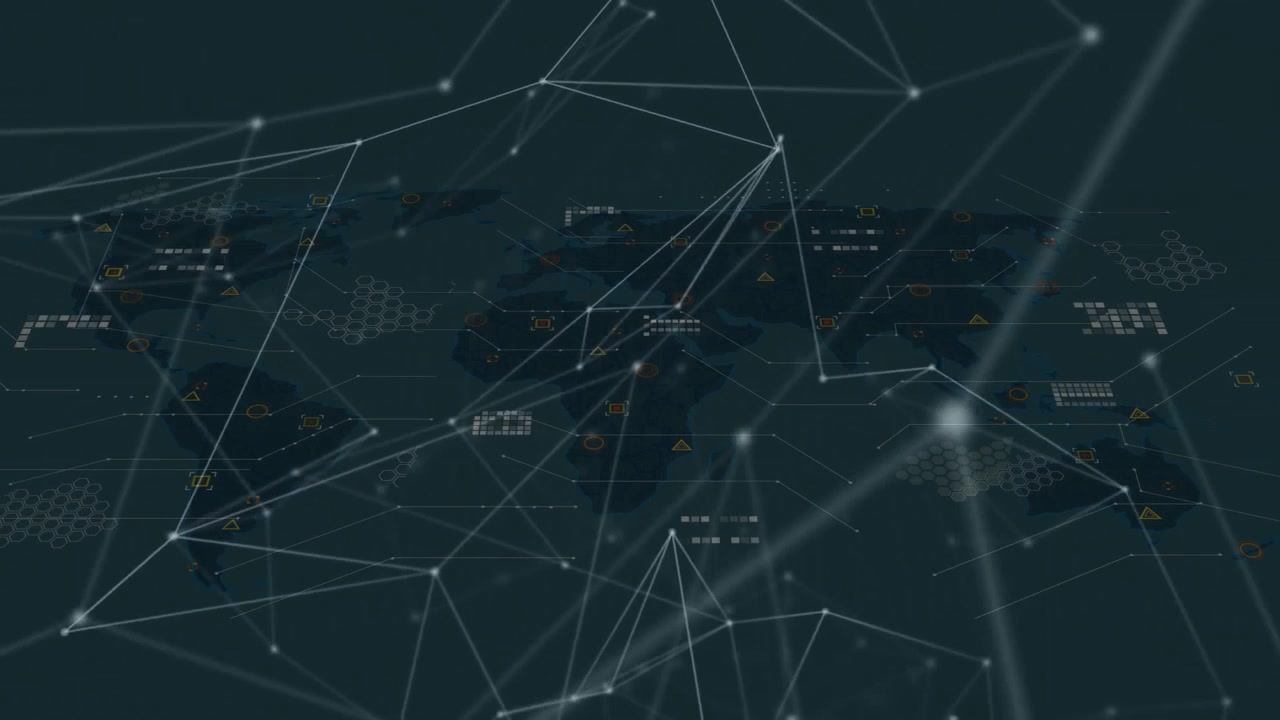 Dark teal initiating network emerging over map with glowing nodes pulsing to visualize data flow