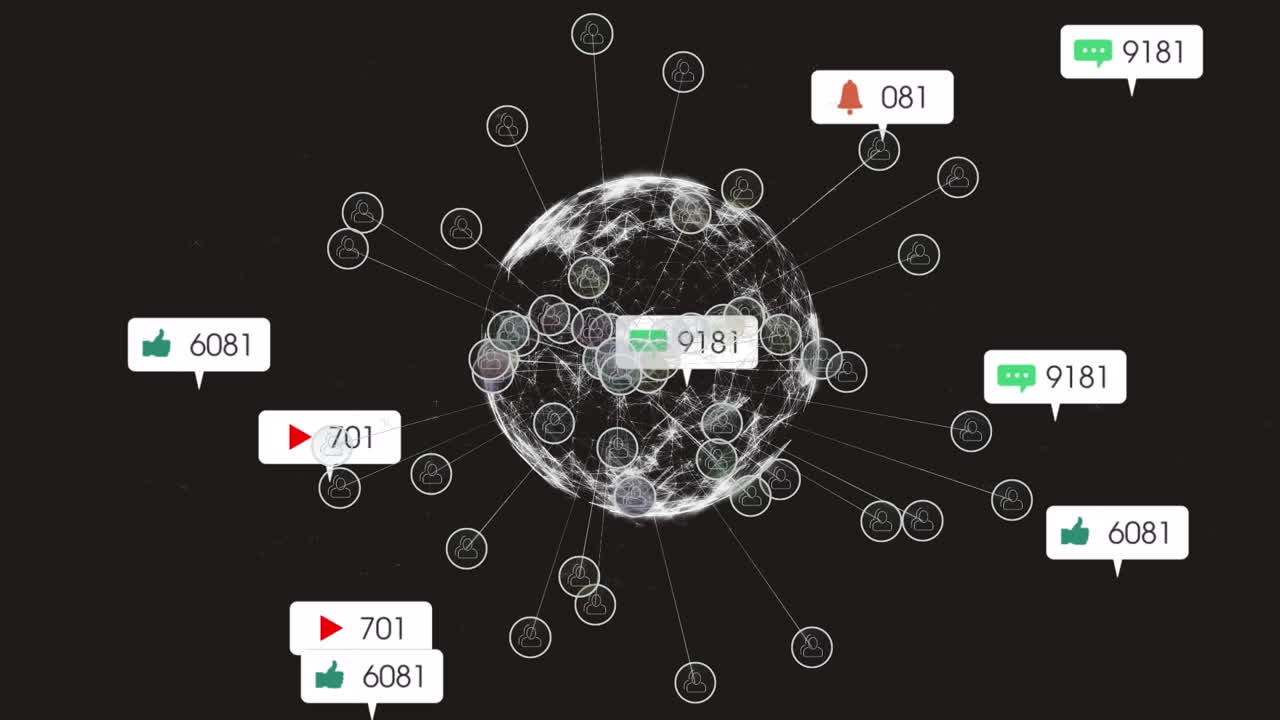 Animation of social media networking icons floating over spinning globe against black background