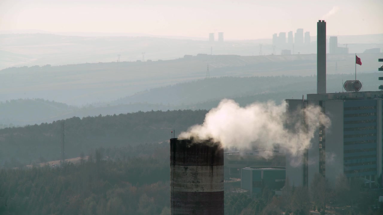 Industrial Chimney Emitting Smoke Over Forest Landscape