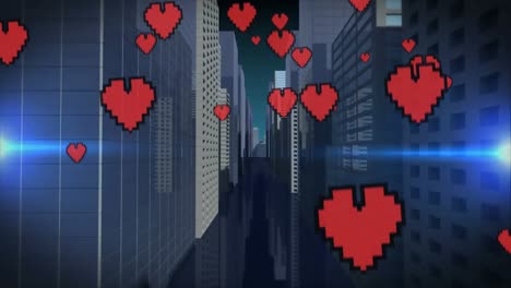 digital city with flying hearts