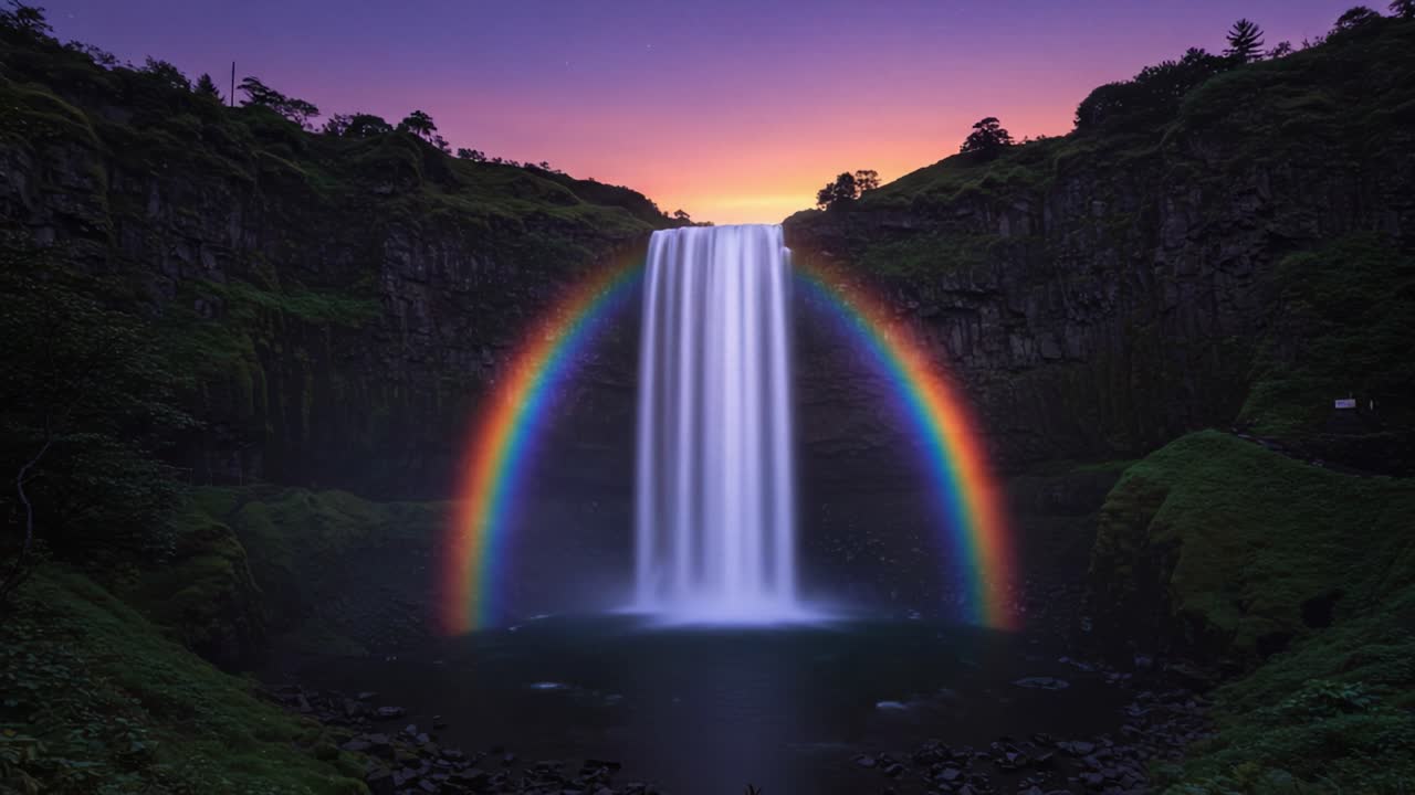 A Breathtaking Cascade: A Majestic Waterfall Surrounded by Lush Greenery and a Spectacular Rainbow at Dusk and Night, Capturing the Beauty of Nature's Wonders