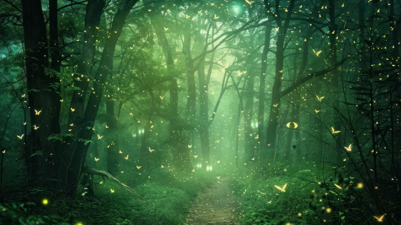 Enchanted forest scene with glowing fireflies, captured from a low-angle, creating a magical