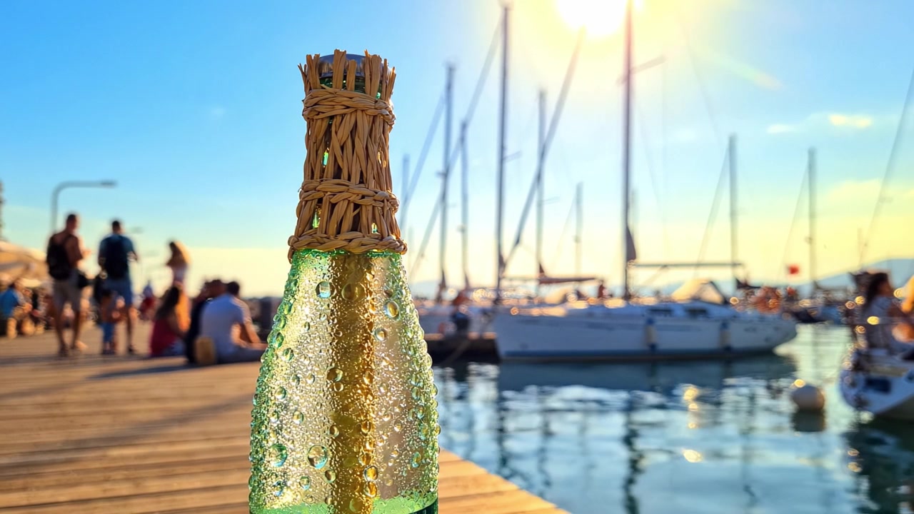 Una rinfrescante bottiglia di bevanda frizzante su un molo illuminato dal sole, circondata da barche e persone, evocando una beata atmosfera estiva in riva all'acqua.